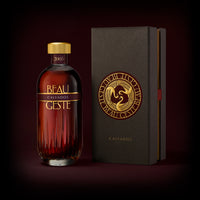 Bottle of Beau Geste Calvados with a beautiful box on a dark background