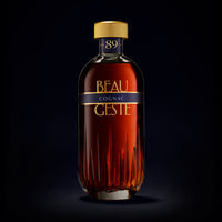 Bottle of Beau Geste Cognac on a black background
