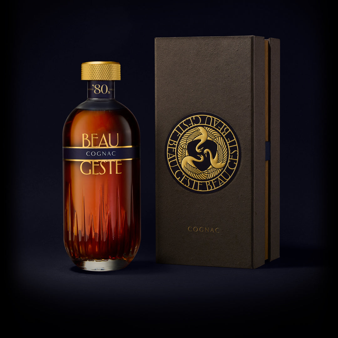 Beau Geste Cognac bottle and box on a dark background